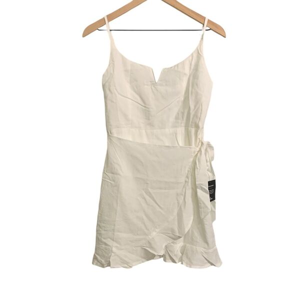 NWT LULUS Sunny Oasis White Ruffled Faux-Wrap Mini Dress. Size Small - Picture 6 of 11
